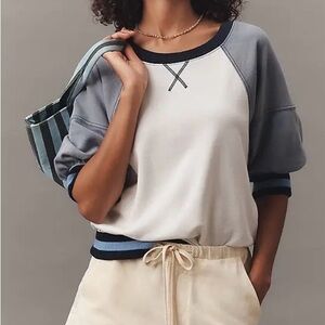 Pilcro Anthropologie Ribbed Raglan Short-Sleeve Blue & White Sweatshirt large